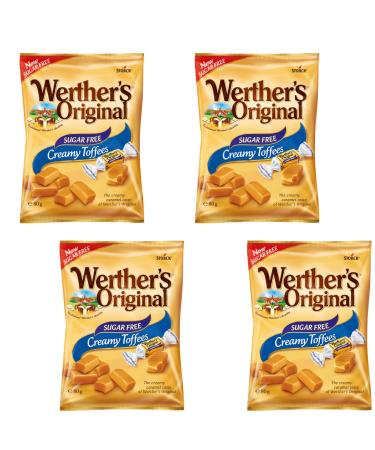 Werther Original Sugar Free Creamy Toffees - The Classic Candy Made With Real Butter and Fresh Cream - Pack of 4 x 80g