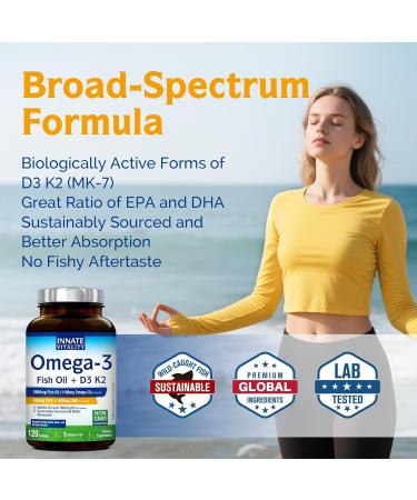 Innate Vitality Omega 3 Fish Oil Supplement, 2000mg Fish Oil Per Serving, EPA 600mg + DHA 400mg with Vitamins D3 K2, Supports Brain & Heart Health, Sustainable & Wild-Caught, 120 Softgels Unflavored 120 Count (Pack of 1) - Buy Online on GoSupps.com