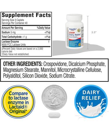 Dairy Relief Caplets Original Lactase Enzyme 120 Pills by Equate (Pack of 1) + Sticker - Buy Online on GoSupps.com