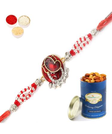 Ghasitaram Gifts Rakhi for Brother Rakhis Online - 7317 Red Sapphire Ganesha Rakhi with 100 GMS of Dryfruits Mix Can Rakhi Set with 100 gms of Dryfruits Mix Can
