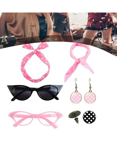 Dtaigou 50s Accessories for Women Headband Drop Earrings Set for 1950s Outfits Cat Eye Glasses with Vintage Polka Dot Hair Bands and Headband for Women Pink One Size - Buy Online on GoSupps.com