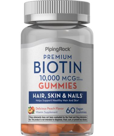 Piping Rock Biotin 10000mcg Gummies | 60 Count | Hair Skin and Nails Supplement | Vitamin for Women and Men | Peach Flavor | Vegetarian Vegan Non-GMO Gluten Free