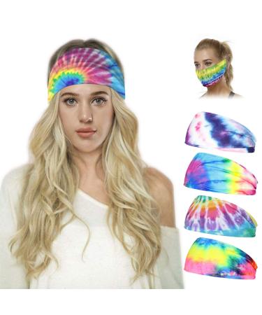 4 Pack Athletic Tie-dye Headbands Boho Wide Stretch Non Slip Hair Bands Wrap Yoga Fashion Elastic Hair band for Sports Workouts Style