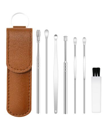 Earwax Cleaner Tool Set 6 Pcs/Set Spiral Design Stainless Steel Ear Picks Ear Wax Removal Kit Portable Ear Cleaning Kit for Home and Travel with PU Leather Case (Brown)