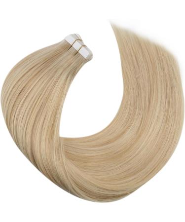Moresoo 22 Inch Tape in Human Hair Extensions Caramel Blonde with Platinum Blonde Highlights | Skin Weft Hair Extensions 20 Pieces/50g #P14/613 - Buy Online on GoSupps.com
