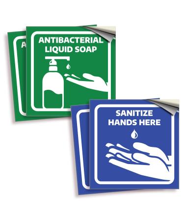 iSYFIX Antibacterial Soap/Sanitize Hands Signs Stickers - 4 Pack 6x6 Inch - Self-Adhesive Vinyl Labels Laminated for Ultimate UV Weather Scratch Water and Fade Resistance Indoor & Outdoor 1 Count (Pack of 4) blue and green