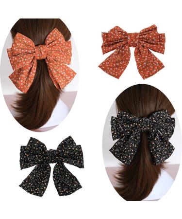 Chic Aysekone 2-Piece Chiffon Hair Bows Set - Orange & Black | Large Hair Clips for Women & Girls - Daisy & Floral Design - Buy Online on GoSupps.com