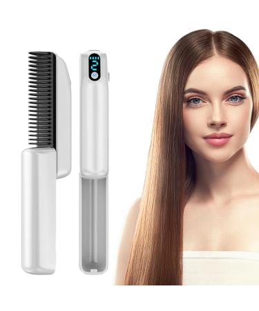 Small Hot Comb - Hair Straightener Comb | Electric Hair Brush with Negative Ion & LED Display | 30s Fast Heating Electric Hot Comb Hair Straightener 1800mAh Rechargeable Hair Comb for Wigs White