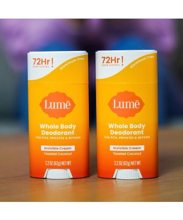 Lume Natural Deodorant - Underarms and Private Parts - Aluminum-Free, Baking Soda-Free, Hypoallergenic, and Safe For Sensitive Skin - 2.2 Ounce Cream Stick Two-Pack (Coconut Crush)