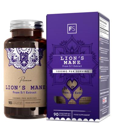 FS Lions Mane | High Strength Lions Mane Supplement - 90 Lions Mane Capsules 1000mg per Serving | Lion's Mane Mushroom Complex | Mushroom Supplement | Non-GMO Gluten & Allergen Free | Made in The UK 90 Count (Pack of 1)