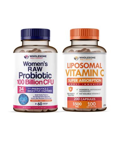 Wholesome Wellness Probiotics for Women 100 Billion CFUs with Prebiotics Digestive Enzymes + Liposomal Vitamin C Capsules High Absorption Ascorbic Acid Supplement Bundle