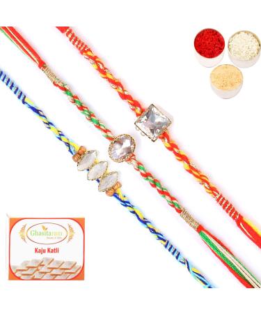Ghasitaram Gifts Rakhi for Brother Rakhis Online - Set of 3 6300 6371 6400 Fancy Rakhis with 400 GMS of Kaju katli