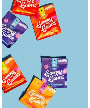 Gummy Gainz Protein Candy Gummies | High Protein Candy | 11g Protein per Serving | Fat Free Naturally Flavoured No Artificial Sweeteners Gluten Free Soy Free | Box of 12 Bags (Sour Watermelon) Sour Watermelon Box of 12 - Buy Online on GoSupps.com
