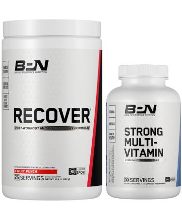 BARE PERFORMANCE NUTRITION BPN Strong Multi-Vitamin 30 Day Supply + Recover Post-Workout Muscle Recovery Drink Mix Fruit Punch 25 Servings | Foundational Health + Post-Workout Recovery Bundle