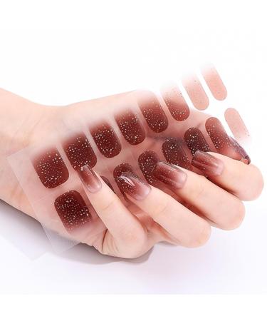 Semi Cured Gel Nail Polish Stickers 16 Pieces Gel Nail Strips Self Adhesive Natural Gel Nail Wraps Red Brown Glitter Nail Art Stickers Decal Set with 2 Prep Pads Nail File & Wooden Stick - Exoticism