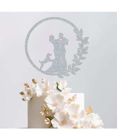 Trimming Shop Floral Wedding Glitter Cake Topper with Dog Pets Lover Bride and Groom Wedding Bachelor Party Bride Shower Anniversary Cake Decoration - Silver Silver Bride and Groom with Dog
