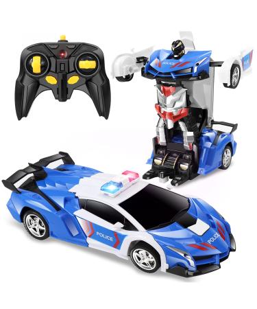 FAFUGANIA Remote Control Car, Transform Robot RC Car with One Button Deformation, 2.4Ghz 360 Degree Rotating Drifting Police Toy Cars, 1:18 Transforming Robot Boys Toys Blue