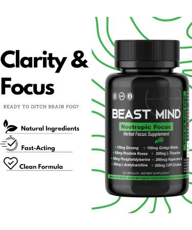 Beast Mind Focus Clarity Nootropic Blend | Ginkgo Biloba | Huperzine A | Rhodiola | Citicoline | L-Theanine | Enhanced Focus & Clarity & Cognitive Function Labs - Buy Online on GoSupps.com