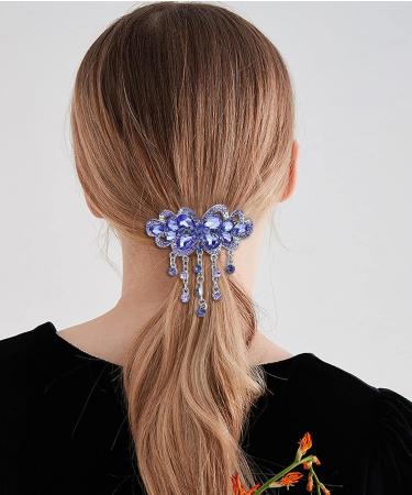 2 Pcs Butterfly Flower Tassel Hair Barrettes | Large Rhinestone Hair Clip Set | Vintage Crystal Sparkly Hair Clasps | Blue Purple Hair Accessories for Women - Buy Online on GoSupps.com