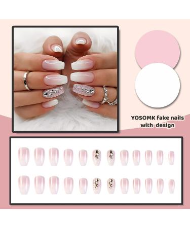 YOSOMK Gradient Nude & Rhinestones Short Press On Coffin Fake Nails - Glossy Ombre Ballerina Full Cover False Nails for Women - Buy Online on GoSupps.com
