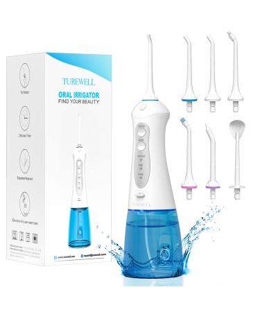 TUREWELL FC1592 Water Dental Flosser Cordless with Powerful Battery, Oral Irrigator for Teeth Cleaner, 3 Modes and 6 Jet Tips, IPX7 Waterproof,300ML Detachable Water Tank for Home and Travel (White)