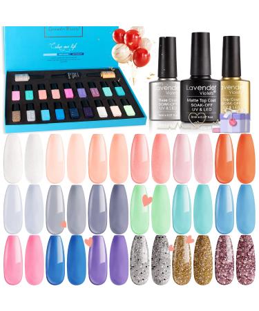 Lavender Violets 21 Pcs Gel Nail Polish Gift Set Spring Colours Soak Off UV LED Starter Kit Base Glossy n Matte Top Coat Orange Sliver Glitter White Pink 986C #21 Ocean Series-986C