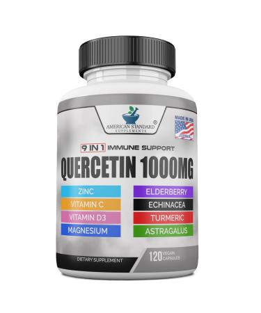 Quercetin 1000mg  Zinc 30mg  Vitamin C 750mg  Vitamin D 5000IU  Magnesium  Turmeric Curcumin Extract  Elderberry Extract  Echinacea Astragalus  Quercetin with Zinc  Immune Support  120 Vegan Capsules