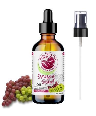 Bella Terra Oils - Organic Grape Seed Oil 4oz - Crafted from Pristine Organic Grapes Packed with Procyanidins & Vitamin F Unveiling a Radiant Skin Legacy 4 Fl Oz (Pack of 1)