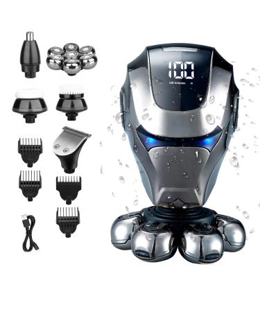 Upgrade 7D Electric Head Shaver for Bald Men 6 in 1 Floating Head Shaver with Nose Hair Sideburns Trimmer Face Brush Waterproof Wet/Dry 7D Rotary Shaver with Type-C Charger and LED Display