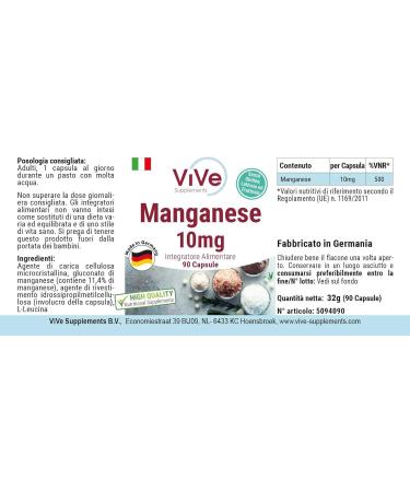 Manganese 10 mg - 90 Vegan Capsules | High Dosage Essential Trace Element | Quality from Germany by ViVe Supplements - International Shipping - Buy Online on GoSupps.com