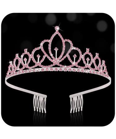 Hapdoo Pink Princess Headbands with Comb for Women Girls Rhinestone Diadem Bridal Headband for Wedding Birthday Prom Party