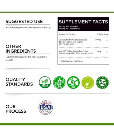 Olive Leaf Extract - 500mg - Supplement Standardized to 25% Oleuropein - 20% Hydroxytyrosol - 40% Polyphenols - Non-GMO + Gluten Free + Dairy Free + Soy Free + Vegan (30 Capsules) - Buy Online on GoSupps.com