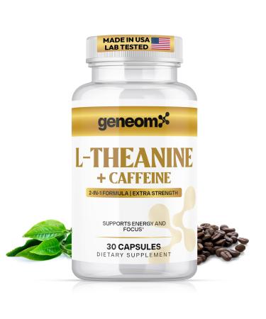 Geneomx L-Theanine + Caffeine Supplement - Extra Strength 2-in-1 Formula for Mental Clarity Energy and Focus with Natural Green Coffee Bean Extract Supports Calm & Alertness | 30 Vegetarian Capsules