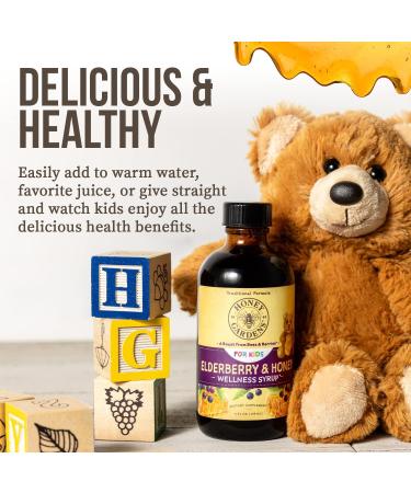 Honey Gardens Elderberry Syrup for Kids with Honey Kids Elderberry Syrup 6.4 mg of Elderberry Honey Syrup with Organic Raw Honey Organic Echinacea Purpurea and Elderflower 24 Servings 4 FL. OZ. - Buy Online on GoSupps.com