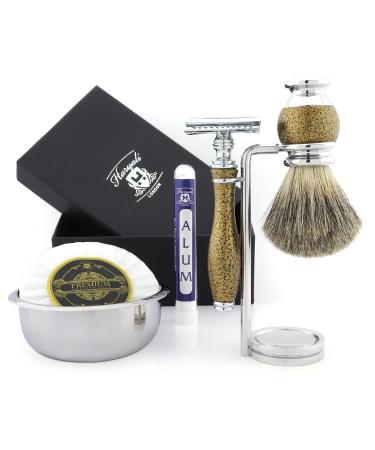 Antique Look Complete Men's Shaving Set Pure Black Badger Brush DE Safety (Blades NOT Included) Stand Bowl & Soap