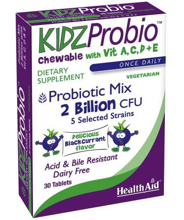 KidzProbio Chewable 2 Billion CFU 5-Strain Probiotic for Kids with Prebiotic & Vitamins A C D & E | Blackcurrant Flavor 30 Daily Chewables Dairy-Free Vegetarian Acid & Bile Resistant