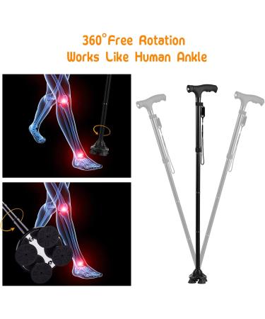 BigAlex Folding Walking Cane with LED Light & Quad Base - Adjustable Stick for Man/Woman 5.5-6.3ft - Black - Buy Online on GoSupps.com