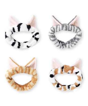 DRESHOW Spa Facial Headbands Terry Cloth Towels Headbands Cute Cat Ear Hairband for Women Wash Face Makeup Mask Headbands 4 Pack / Cat Ears Headband A