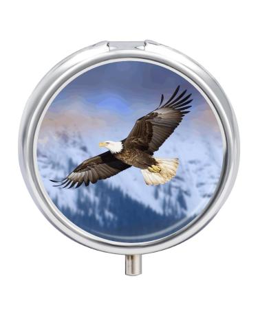 Round Pill Box Bald Eagle Flying Print 3 Compartment Medicine Pill Case Print Pill Organizer Decorative Metal Portable Pill Box Pocket Pill Box Style