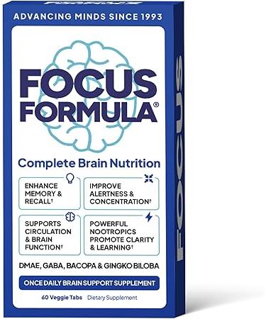 Nootropic Brain Supplement, Focus Capsules for Concentration Supports Energy Brain Booster with GABA DMAE and BACOPA Memory Support Supplement Cognitive Support 60 Veggie Tablets