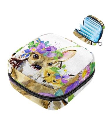 Menstruation pad bag with zipper women's napkin bag tampons collection bags for women and girls (forest animal cute fawn fox deer watercolor illustration)