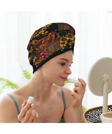 Embroidery Chicken Rooster & Sunflowers Microfiber Hair Towel - Soft Super Absorbent Hair Wrap for Women - Quick Dry Coral Velvet for Long Curly & Thick Hair - Buy Online on GoSupps.com