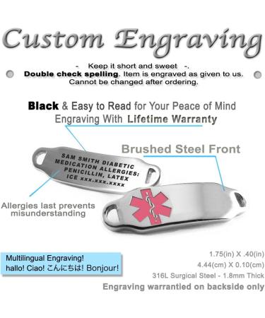 Custom Engraved Women's Medical Alert Bracelet & Heart Necklace - Pink Glass Stainless Steel - 6in Size - Buy Online on GoSupps.com
