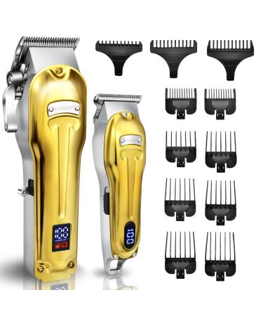 2 in 1 Hair Clipper for Men Gold Clipper for Barber Wired or Wireless Use Clipper and Trimmers Set Professional Zero Gap Beard Trimmer with LED Display 6500 RPM Barber Kit