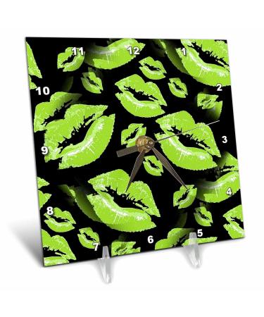 3dRose 6x6 Desk Clock - Two Kisses Collided Lip Smacking Lime Colored Lips Pattern Pattern - Lipstick Kisses