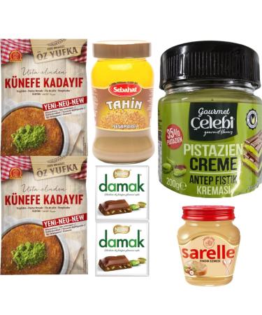 PUFAI Dubai Kids Chocolate Kadayif Dough Yarn Suitable for Kadayif 250g, 2 Packs of 2 with Pistachio Cream 200g + 2 Chocolates 60g + Hazelnut Cream 350g + Tahini 290g