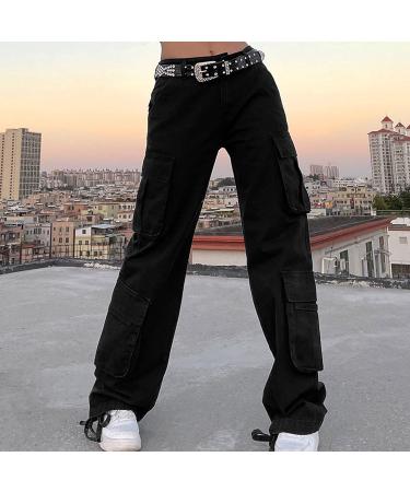 Gufesf Women's Baggy Cargo Pants - Trendy Low Waist Wide Leg Trousers with Big Pockets | Y2K Streetwear Fashion - Ak-a-black, Large - Buy Online on GoSupps.com