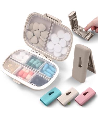 8 Compartment Pill Organizer | Small Daily Medication Holder Moisture Proof Pill Case Travel Essentials Pill Organizer with Medicine Cutter & Splitter Portable Pill Organizer for Medicine & Vitamin Khaki