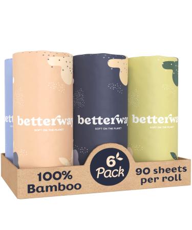 Betterway Bamboo Paper Towels - 6 Rolls, 2 Ply - Plastic Free, Disposable Kitchen Paper Towels - Select Size, Tree Free, Compostable, Strong & Absorbent - Sustainable Product w/ Eco Friendly Packaging