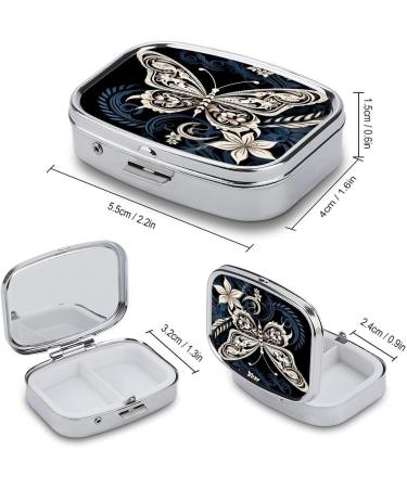 White Butterflies Tribal Print Pill Box | 2 Compartment Portable Metal Organizer for Medicine | Decorative Pocket & Purse Pill Case - Buy Online on GoSupps.com
